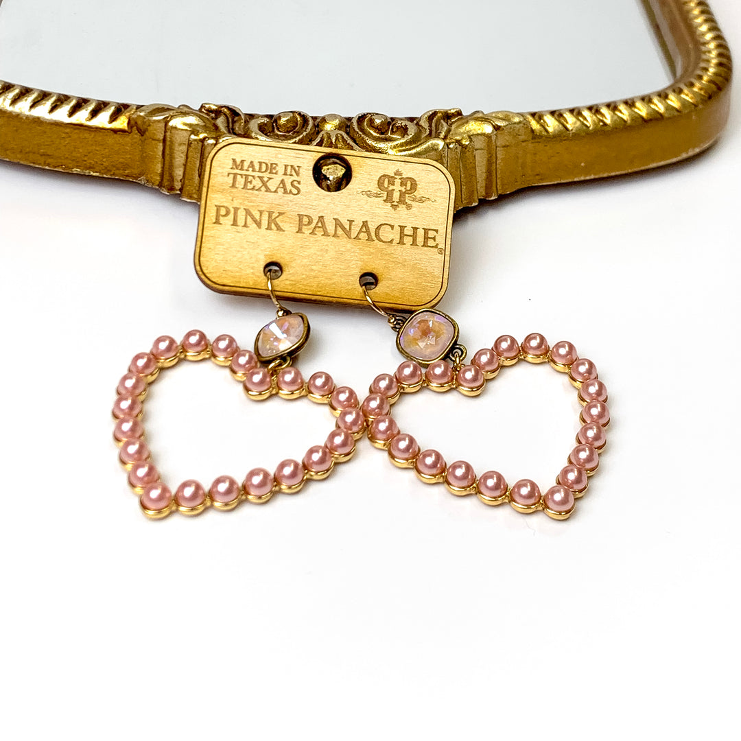 Pink Panache | Gold Tone Blush Pink Heart Shaped Drop Earrings with Pearl Accents and Cushion Cut Crystal - Giddy Up Glamour Boutique