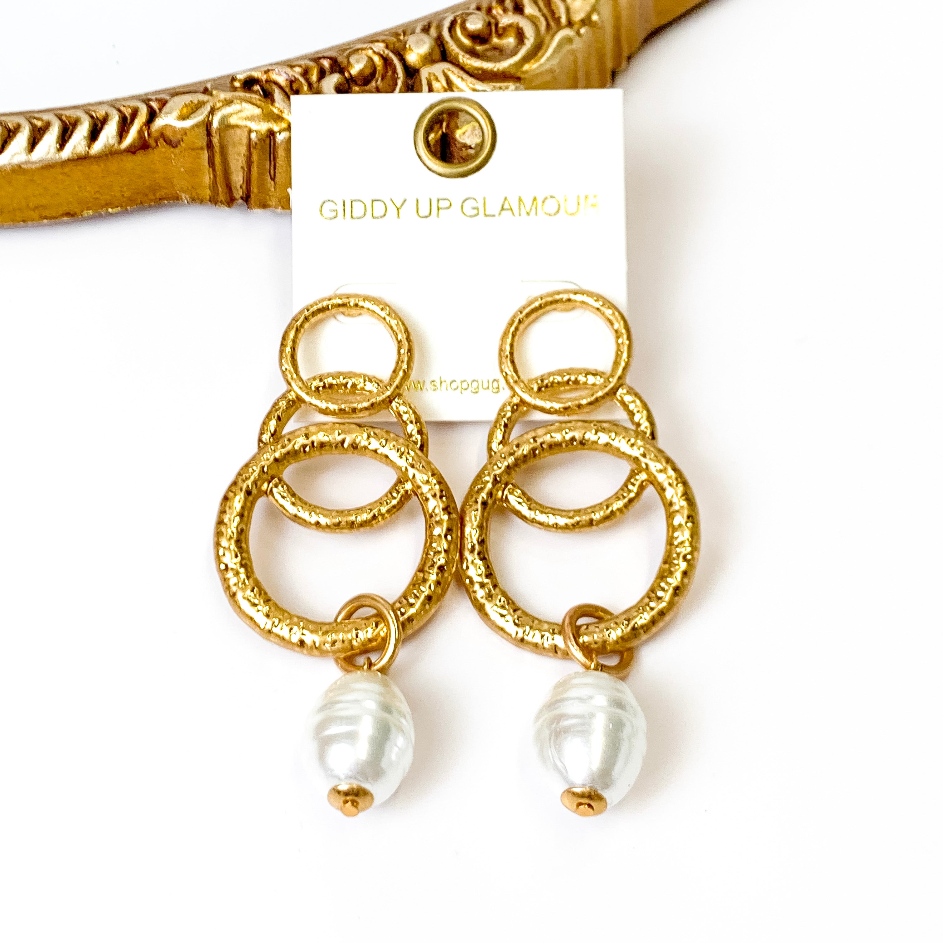 Gold Tone Multi Circle Earrings with Pearl Pendants - Giddy Up Glamour Boutique