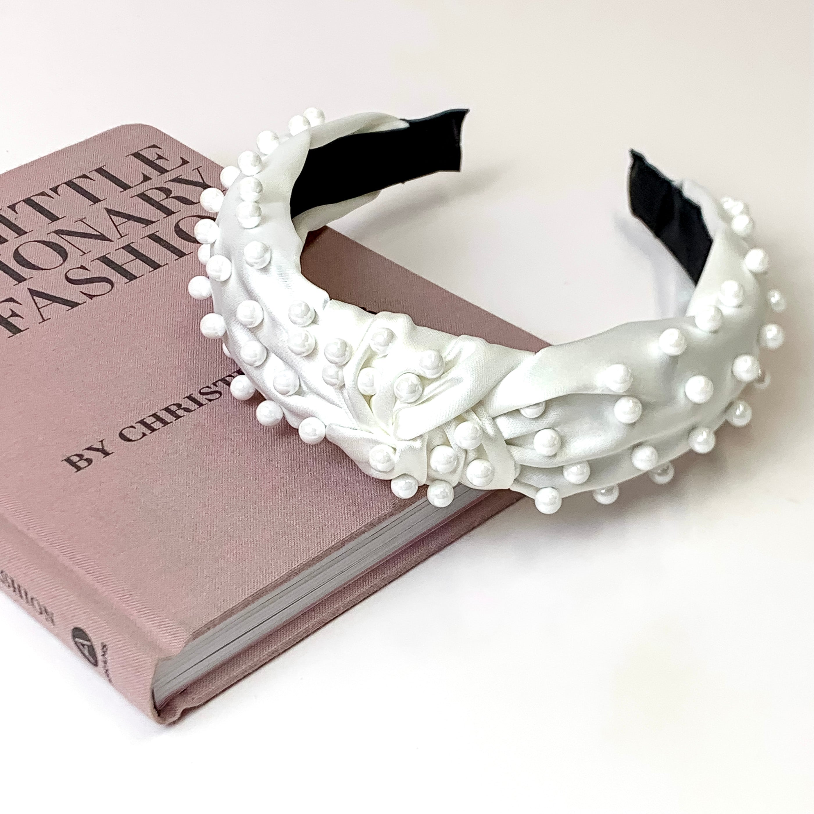 White Knotted Headband with White Glass Pearl Detailing - Giddy Up Glamour Boutique