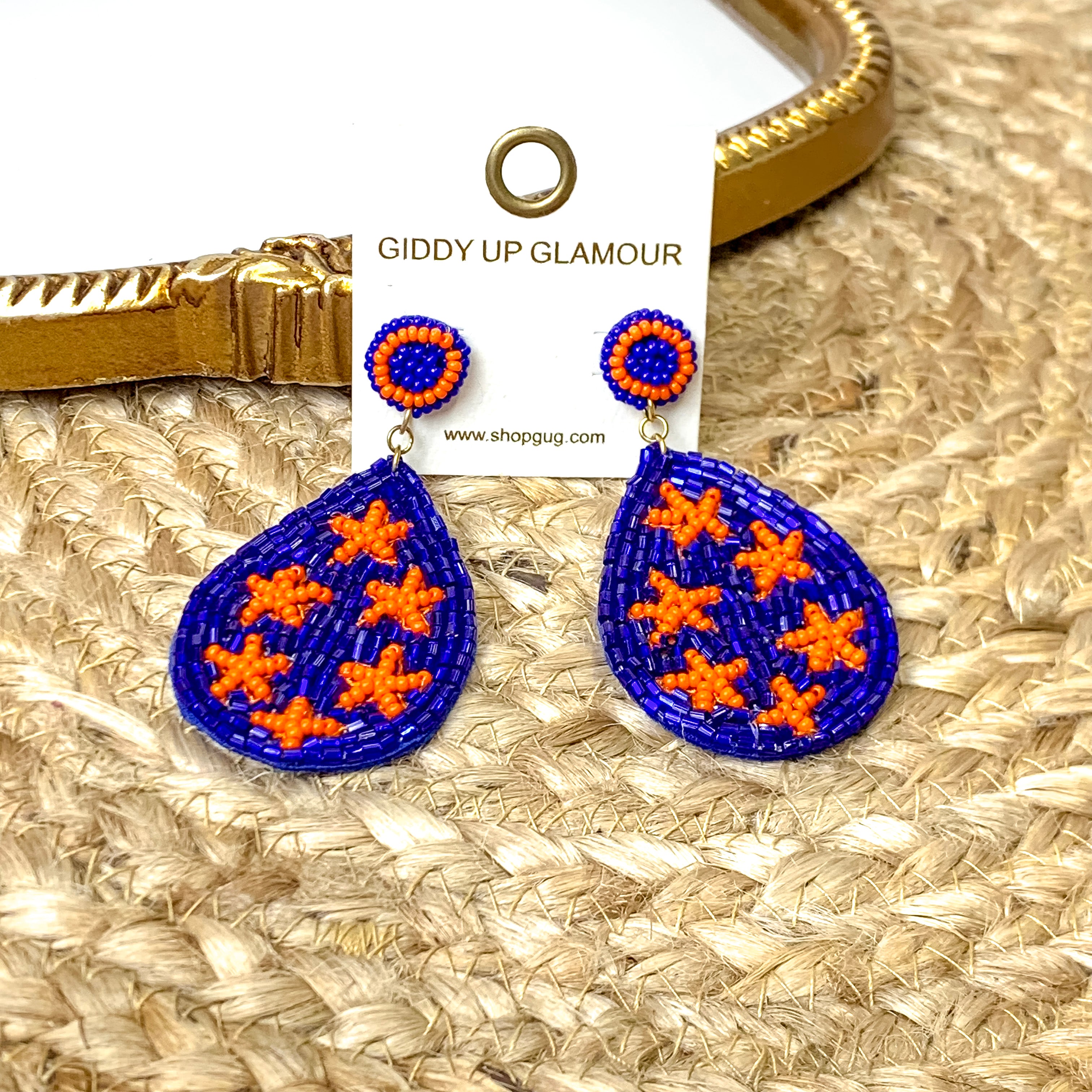 Beaded Teardrop Dangle Earrings with Stars in Blue and Orange - Giddy Up Glamour Boutique