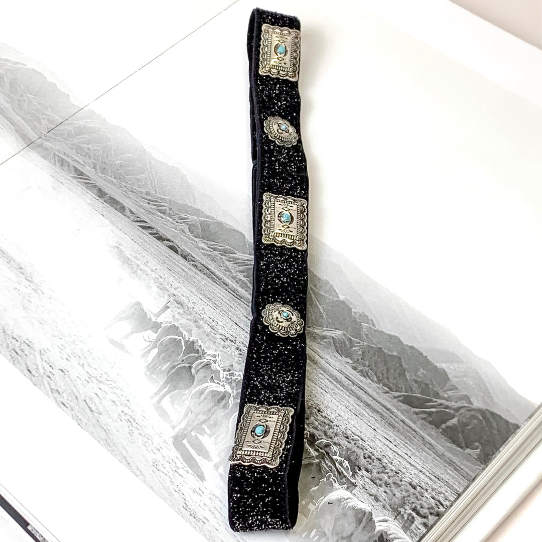 Black Felt Rectangle and Circle Concho Hat Band with Faux Turquoise Accents - Giddy Up Glamour Boutique