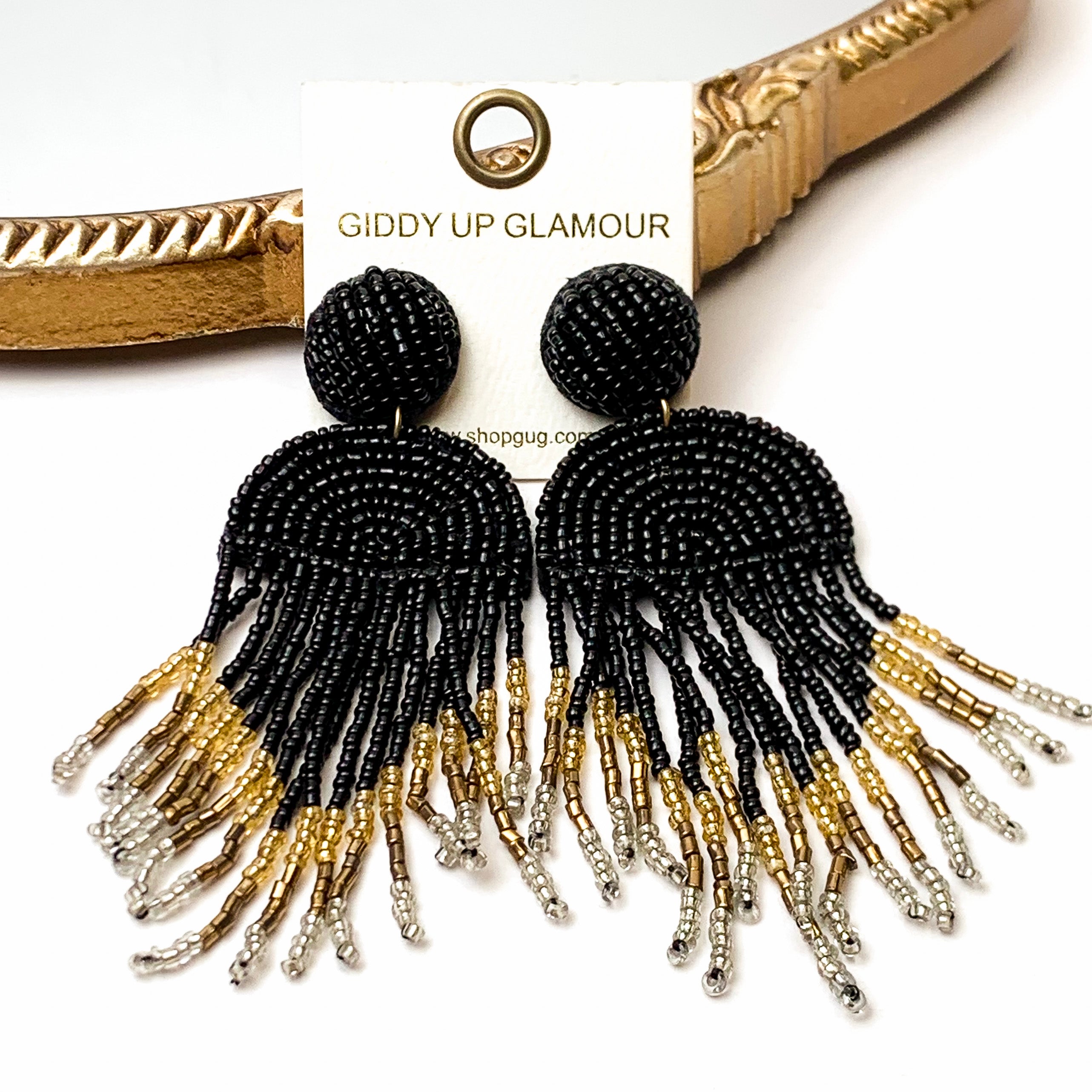 Semi Circle Drop Beaded Earrings with Tassels in Black - Giddy Up Glamour Boutique