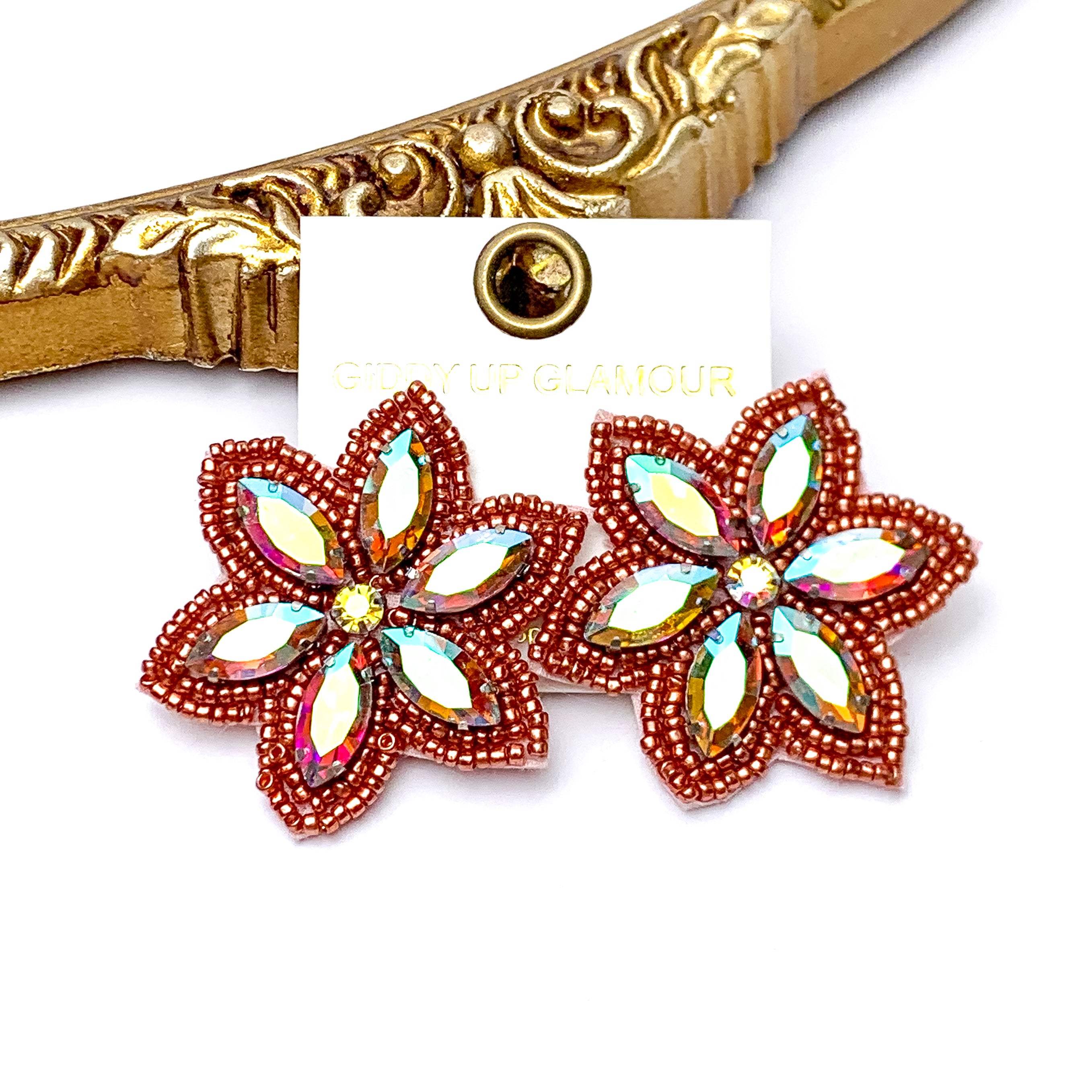 Prismatic Petals Seed Bead Flower Stud Earrings with AB stones in Rose Gold