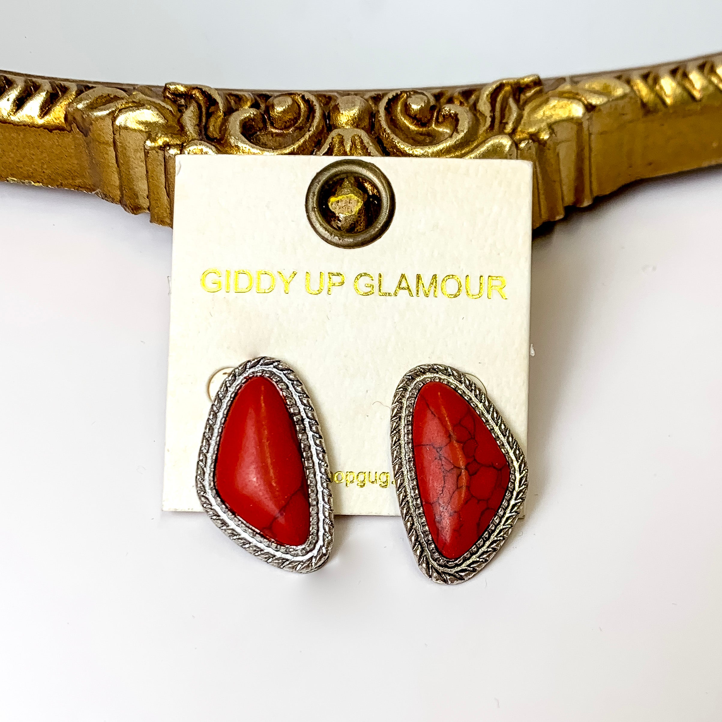 Silver Tone Irregular Shaped Faux Stone Post Earrings in Dark Red - Giddy Up Glamour Boutique