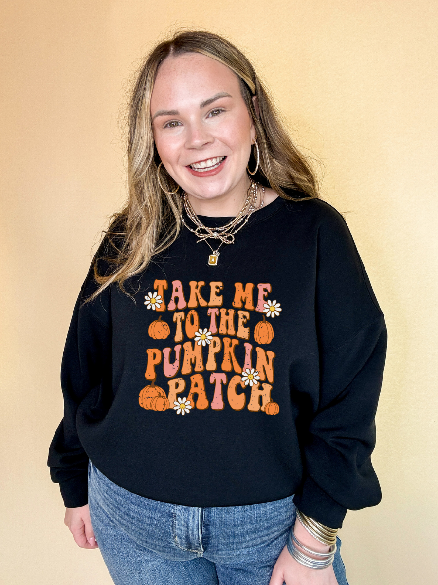 Online Exclusive | Take Me to The Pumpkin Patch Graphic Sweatshirt with Flowers and Pumpkins in Multiple Color Options