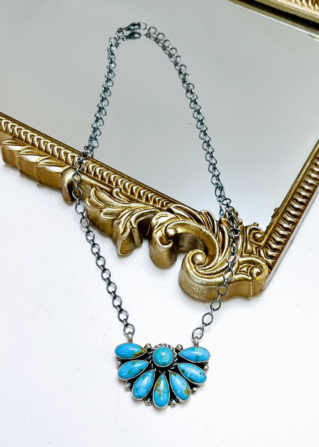 E. Garfield | Sterling Silver Native American Handmade Turquoise Half Cluster Necklace