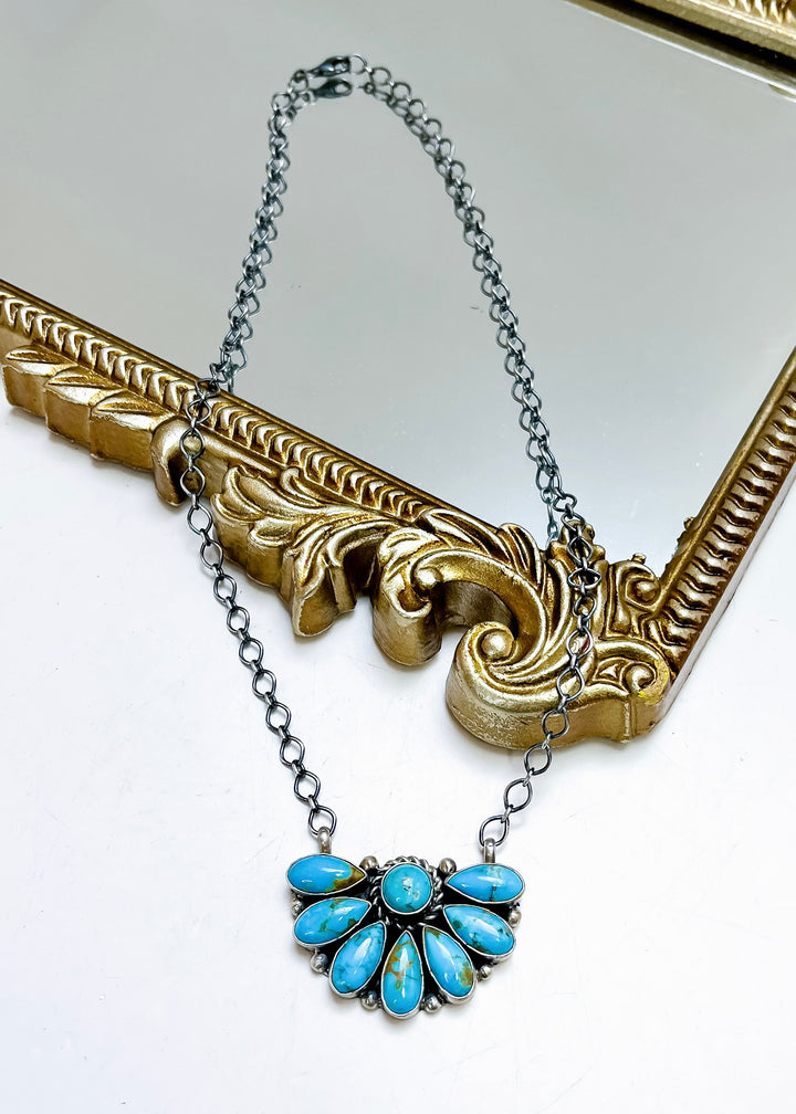 E. Garfield | Sterling Silver Native American Handmade Turquoise Half Cluster Necklace