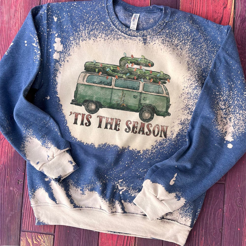 Online Exclusive | 'Tis The Season Cactus Van Christmas Graphic Sweatshirt in Blue Bleach - Giddy Up Glamour Boutique