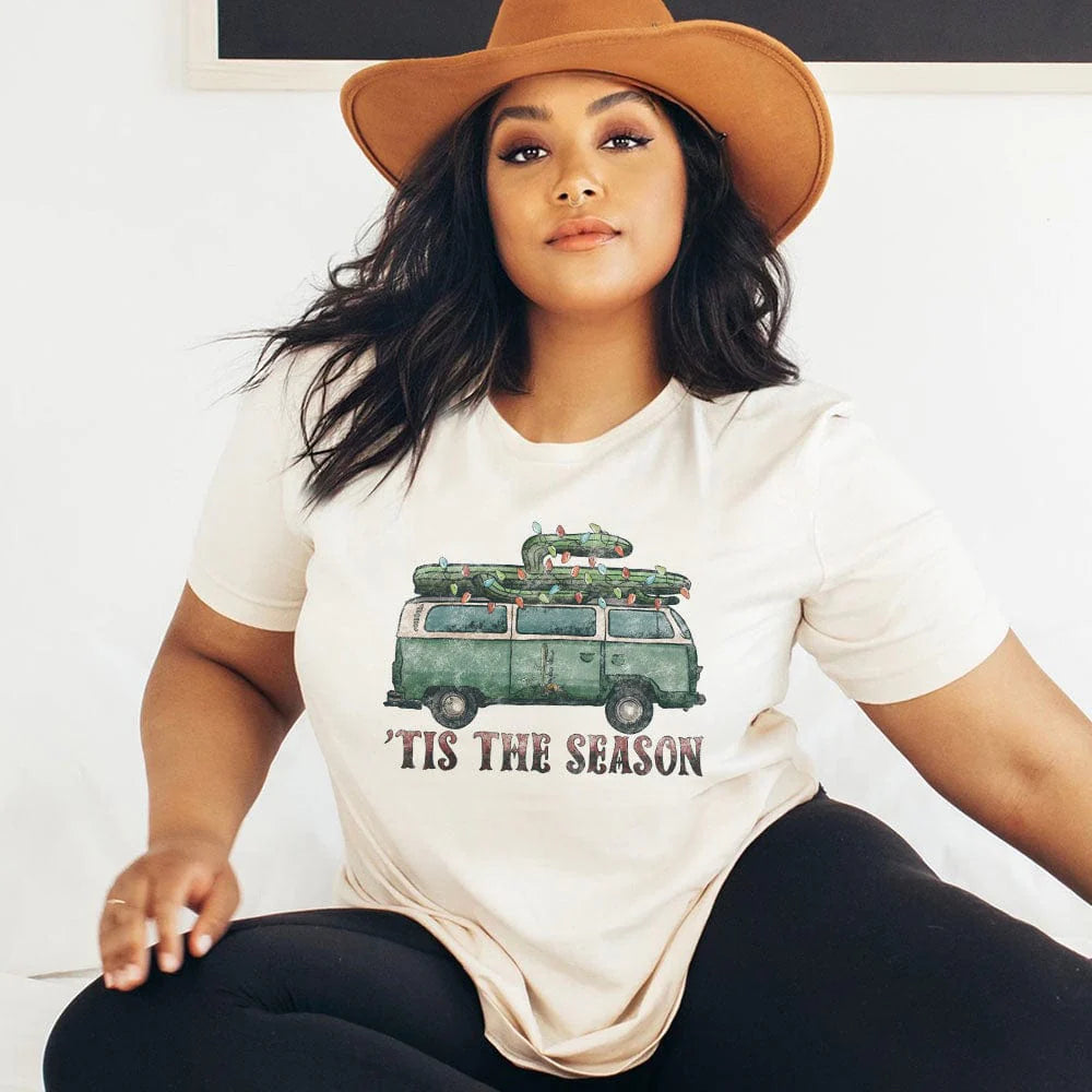 Online Exclusive | 'Tis The Season Cactus Van Christmas Graphic Tee in Cream - Giddy Up Glamour Boutique