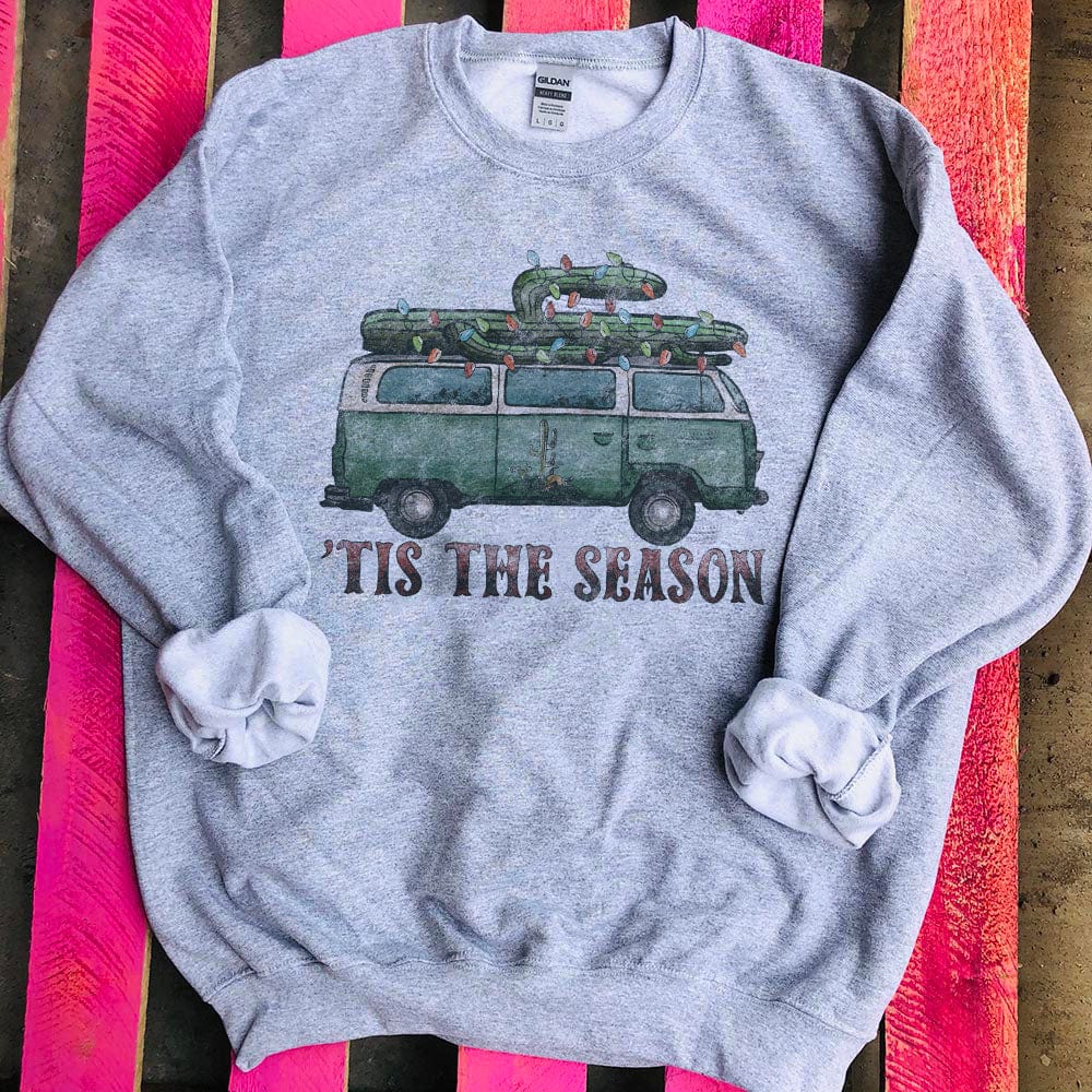 Online Exclusive | 'Tis The Season Cactus Van Christmas Sweatshirt in Heather Gray - Giddy Up Glamour Boutique