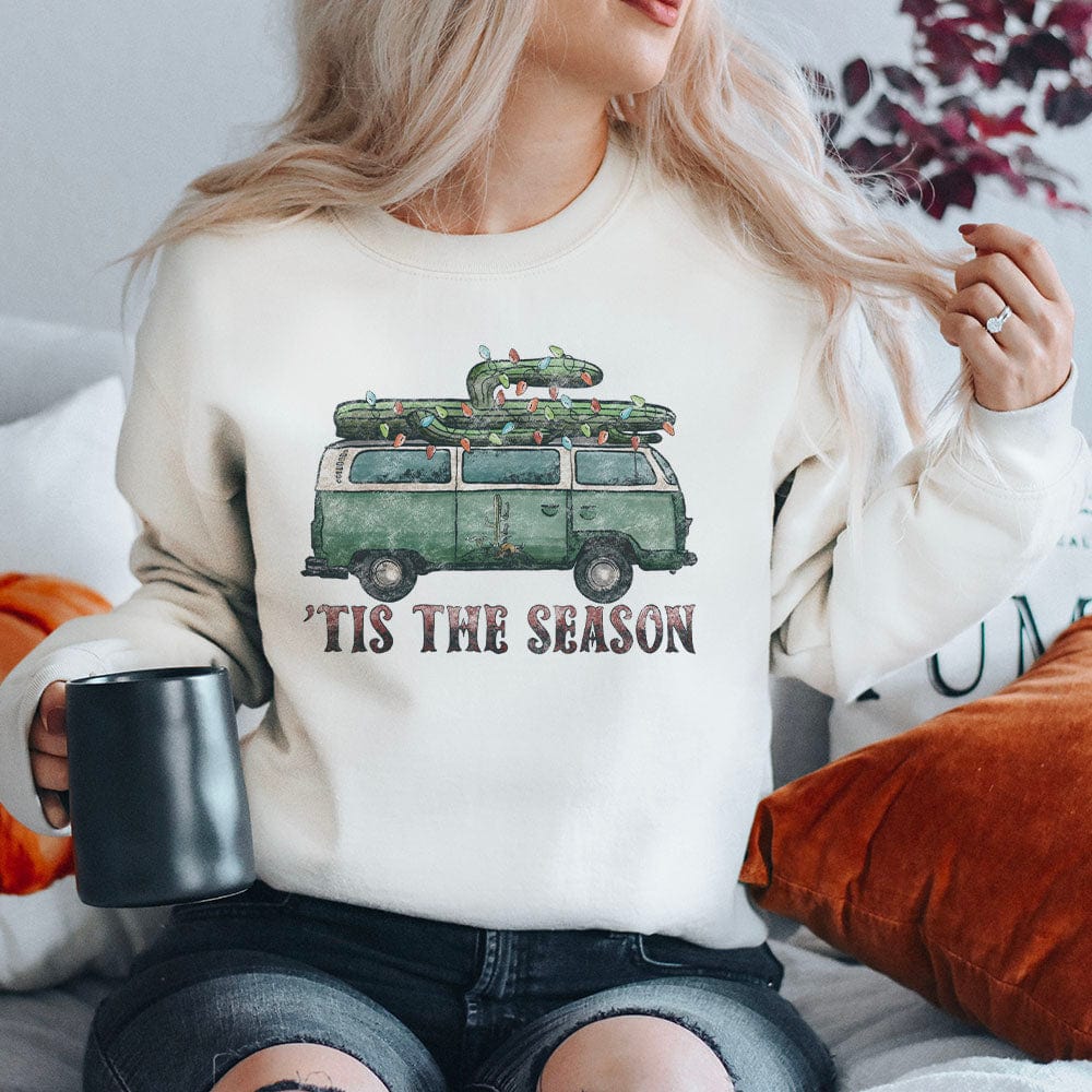 Online Exclusive | 'Tis The Season Cactus Van Christmas Sweatshirt in White - Giddy Up Glamour Boutique