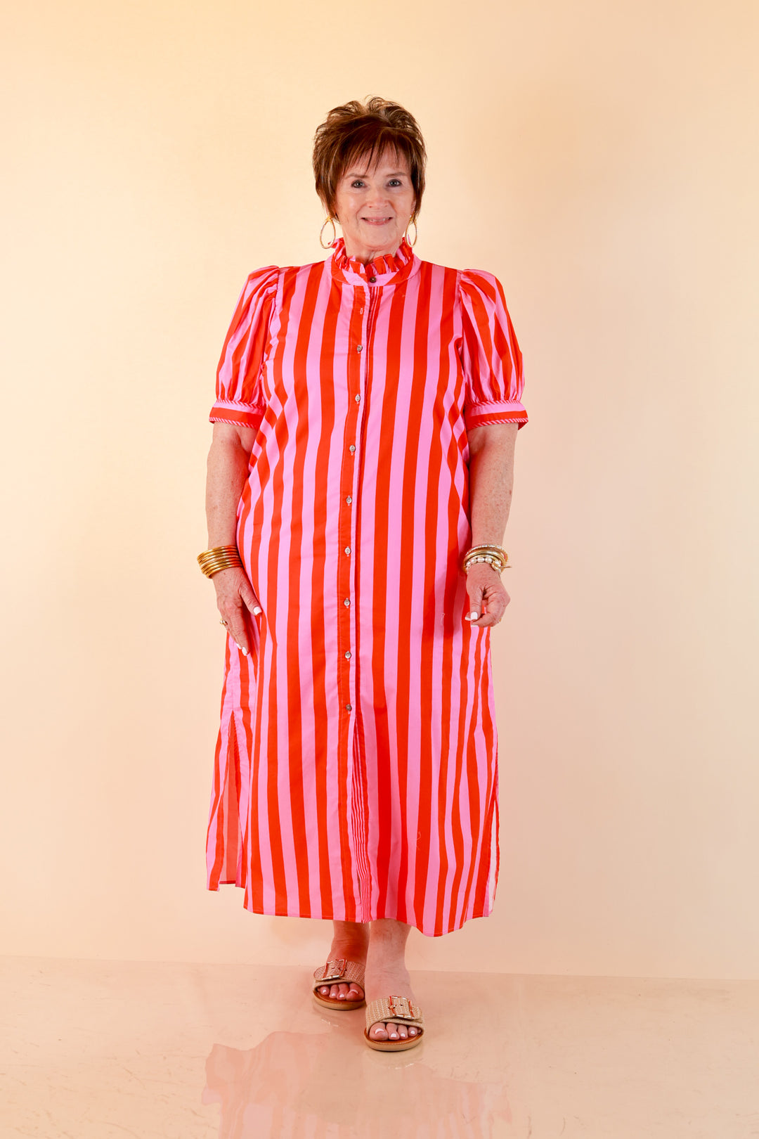 Strut and Shine Stripe Midi Dress with Button Front Detail and Puff Sleeves in Pink and Red