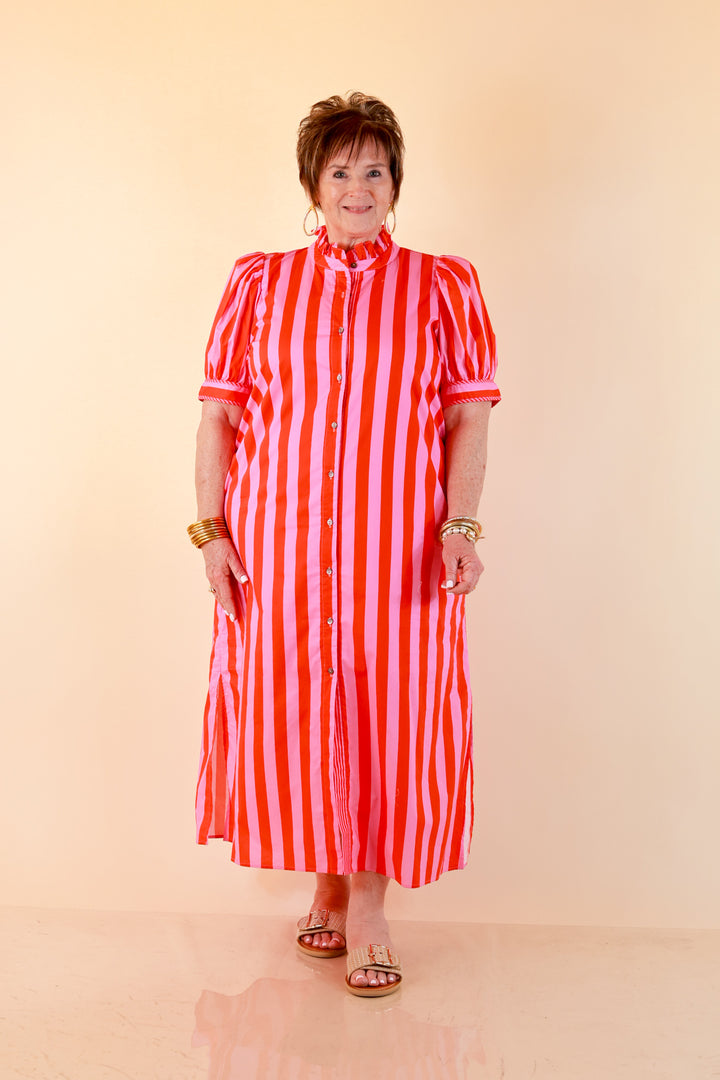 Strut and Shine Stripe Midi Dress with Button Front Detail and Puff Sleeves in Pink and Red