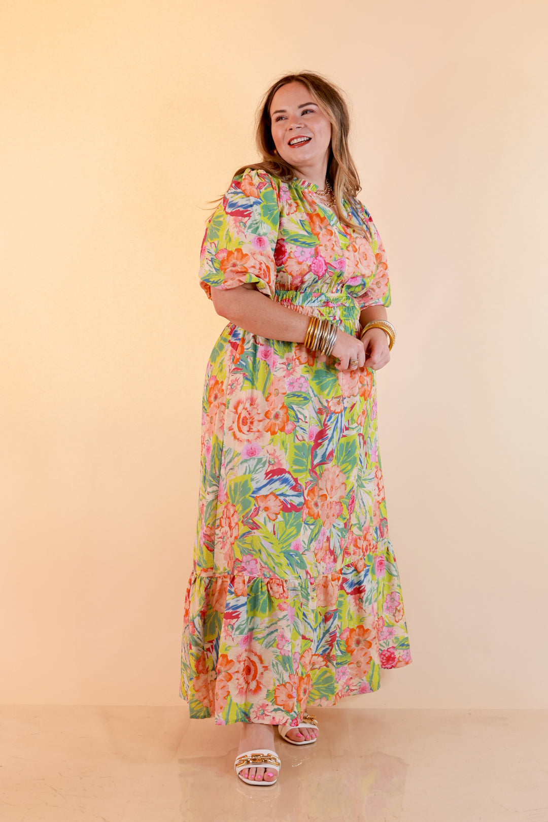 Reserved for Brunch Puff Sleeve Smocked Waist Floral Maxi Dress in Green Multi
