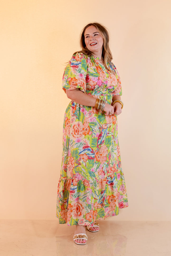 Reserved for Brunch Puff Sleeve Smocked Waist Floral Maxi Dress in Green Multi