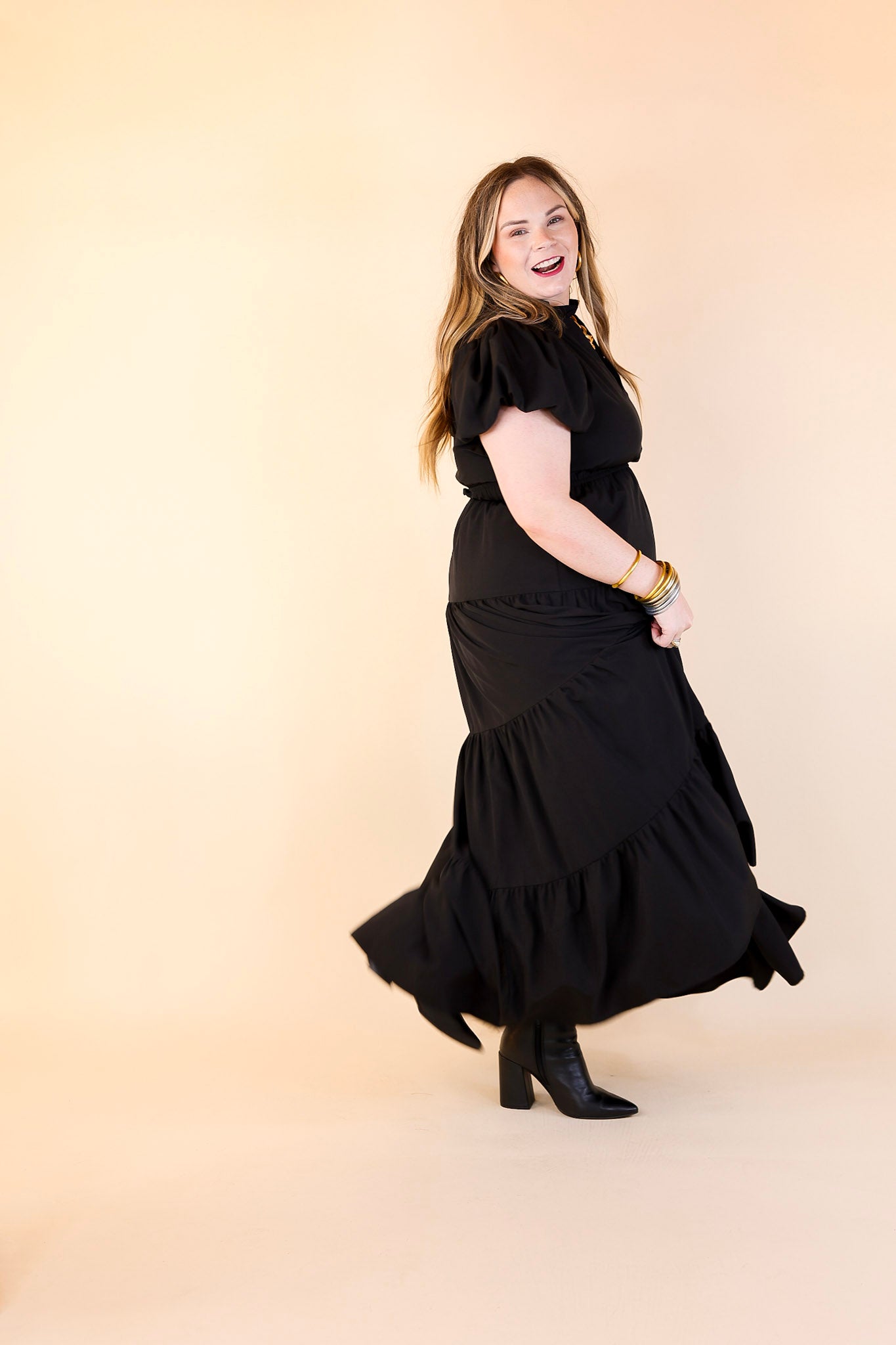 Table for Two Tiered Maxi Dress with Puff Sleeves in Black