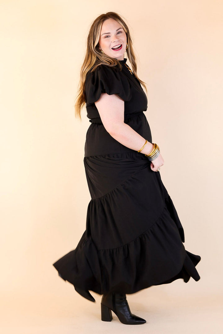 Table for Two Tiered Maxi Dress with Puff Sleeves in Black