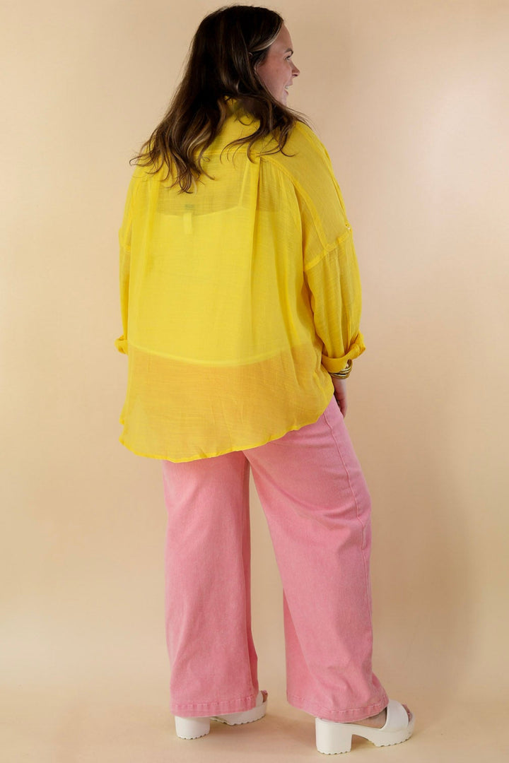 Look on the Bright Side Button Up Long Sleeve in Lemon Yellow - Giddy Up Glamour Boutique