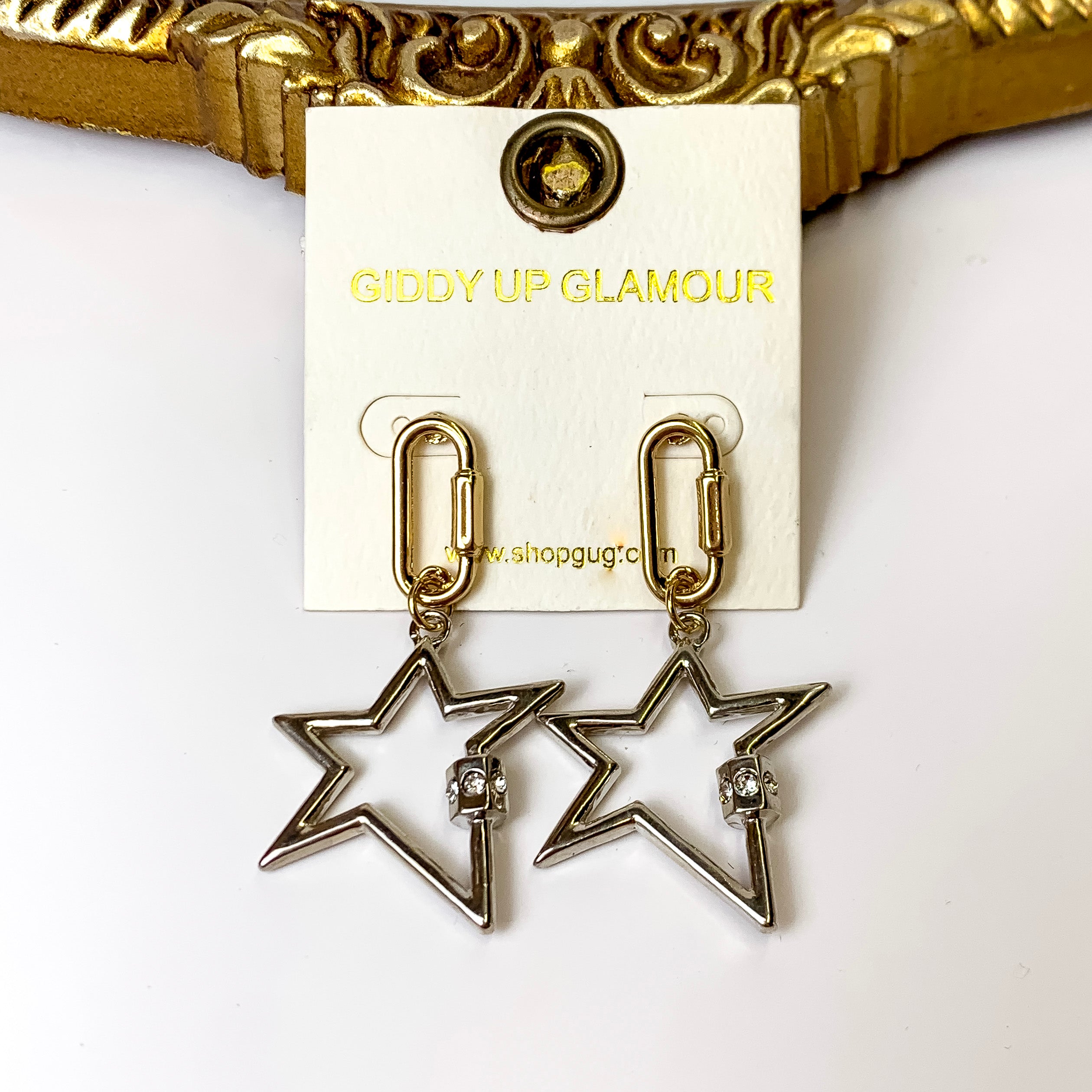 Catching Stars Star Dangle Earrings with Crystal Accents in Silver - Giddy Up Glamour Boutique
