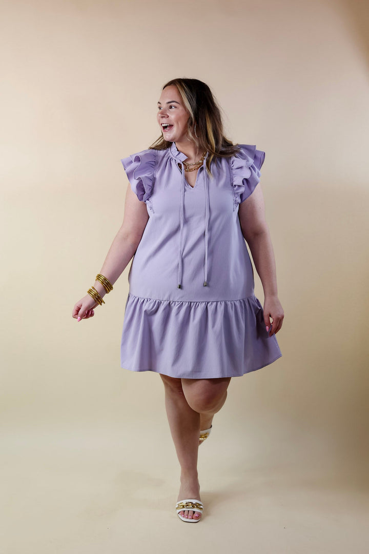 Powerful Love Ruffle Cap Sleeve Dress with Keyhole and Tie Neckline in Lavender Purple - Giddy Up Glamour Boutique
