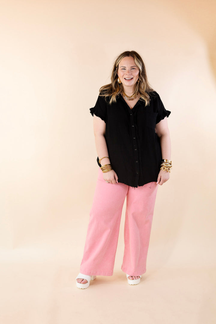 Right On Cue Button Up Raw Hem Top in Black - Giddy Up Glamour Boutique