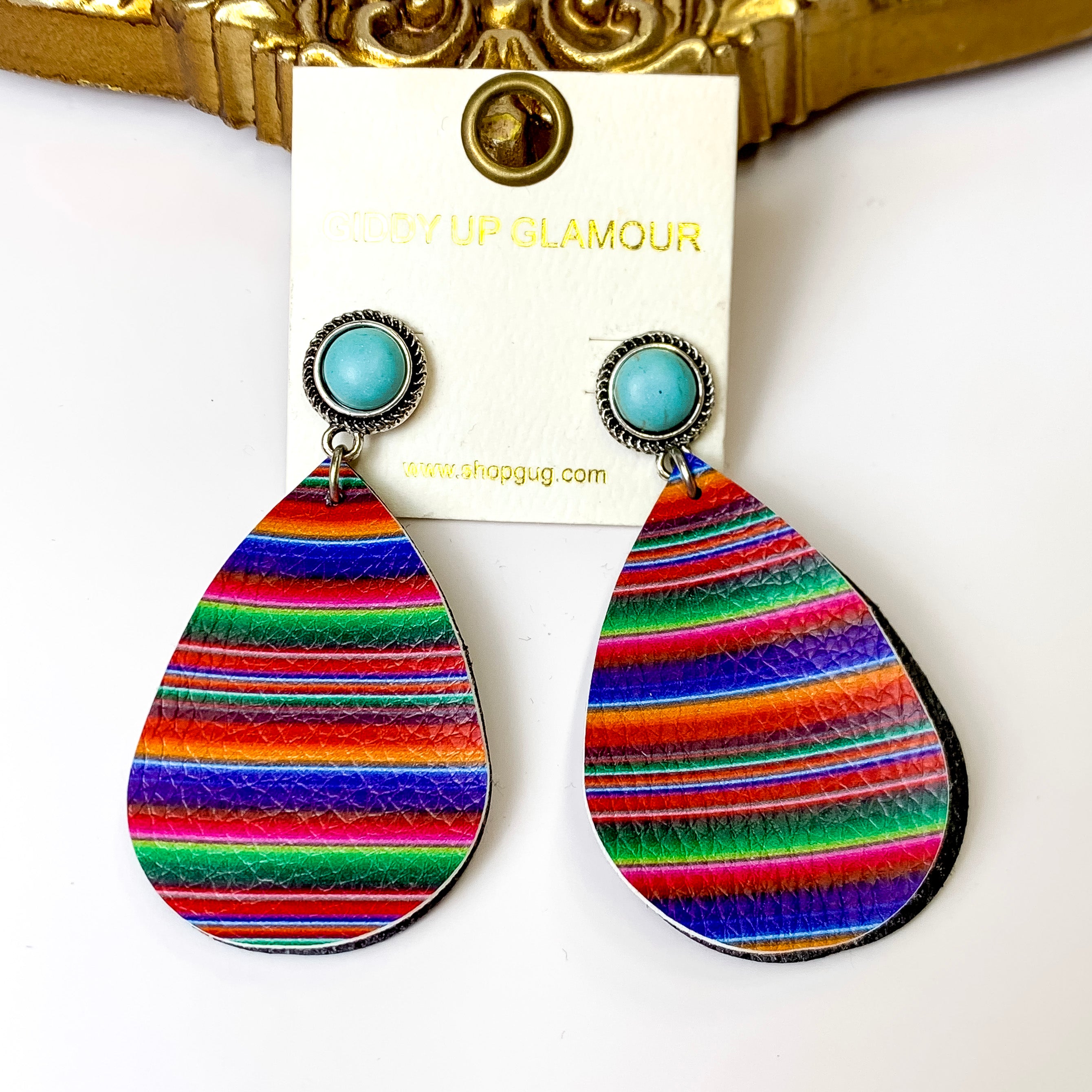 Stone Post Faux Leather Serape Print Teardrop Earrings - Giddy Up Glamour Boutique