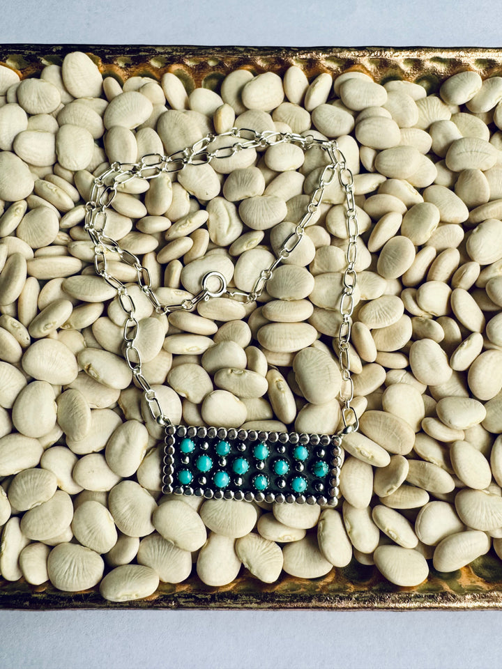 Native American Sterling Silver Bar Necklace with Turquoise Details