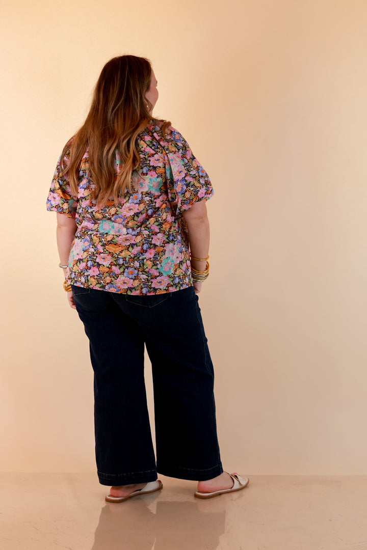 Blooming Beauty Floral Print V Neck Top with Smocked Neckline and Puff Sleeves in Multi Color