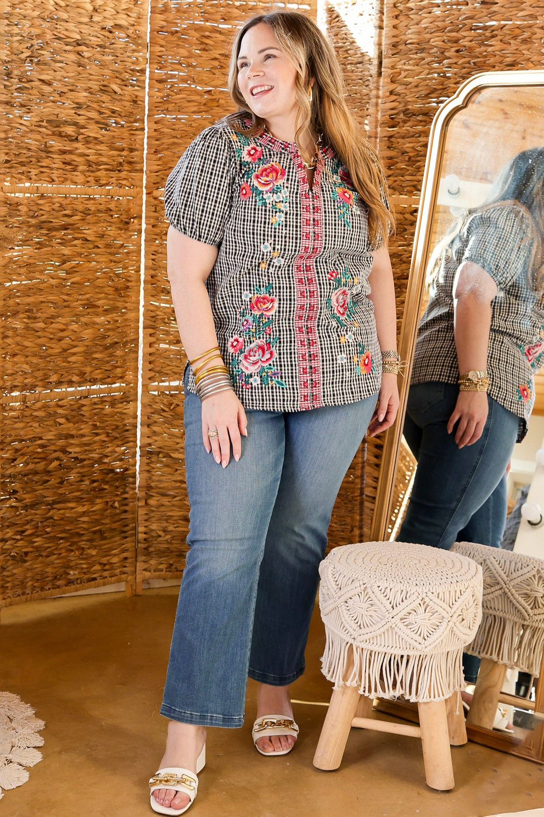 Picnic Perfect Plaid Notch Neck Top with Floral Embroidery in Black and White