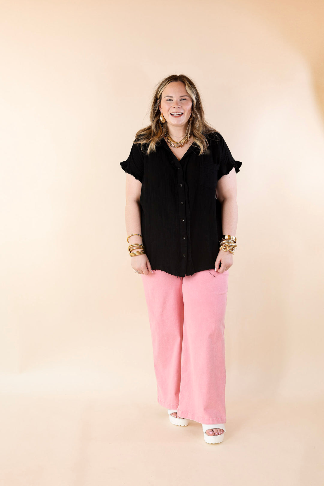 Right On Cue Button Up Raw Hem Top in Black - Giddy Up Glamour Boutique