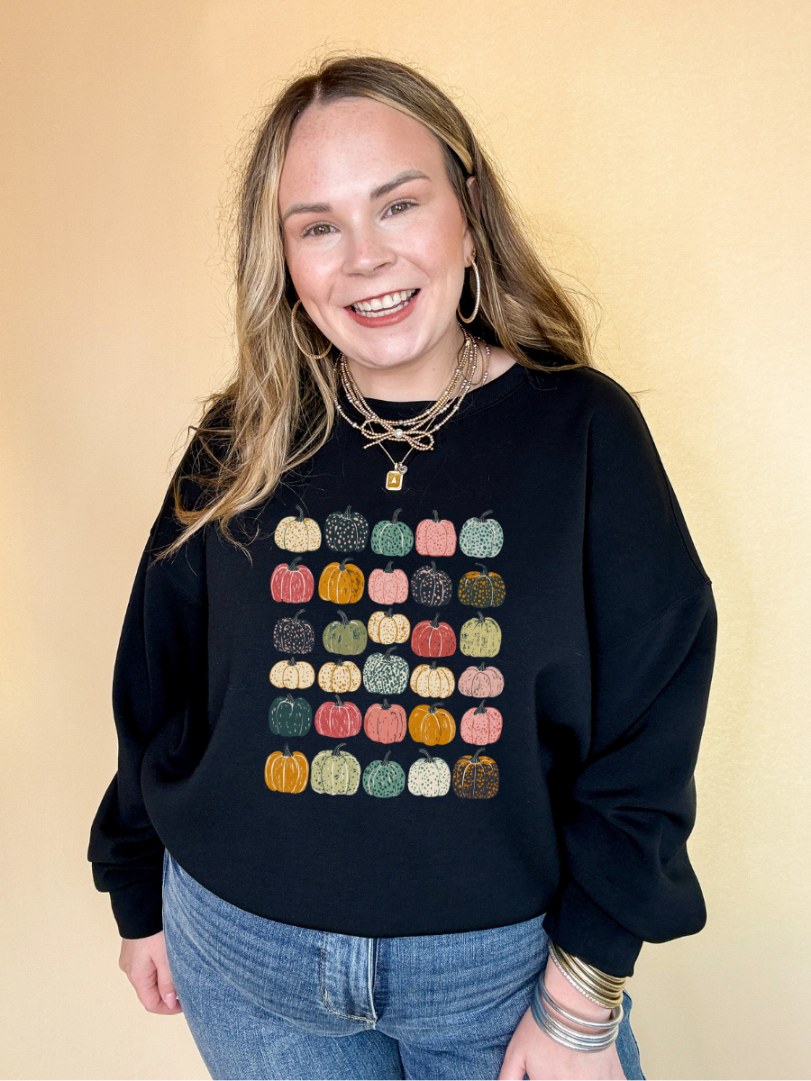 Online Exclusive | Pumpkin Overload tapestry of color and pattern Pumpkins Graphic Sweatshirt in Multiple Color Options