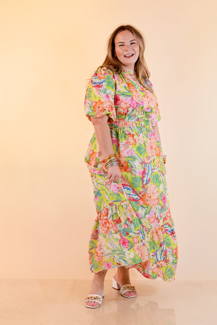 Reserved for Brunch Puff Sleeve Smocked Waist Floral Maxi Dress in Green Multi