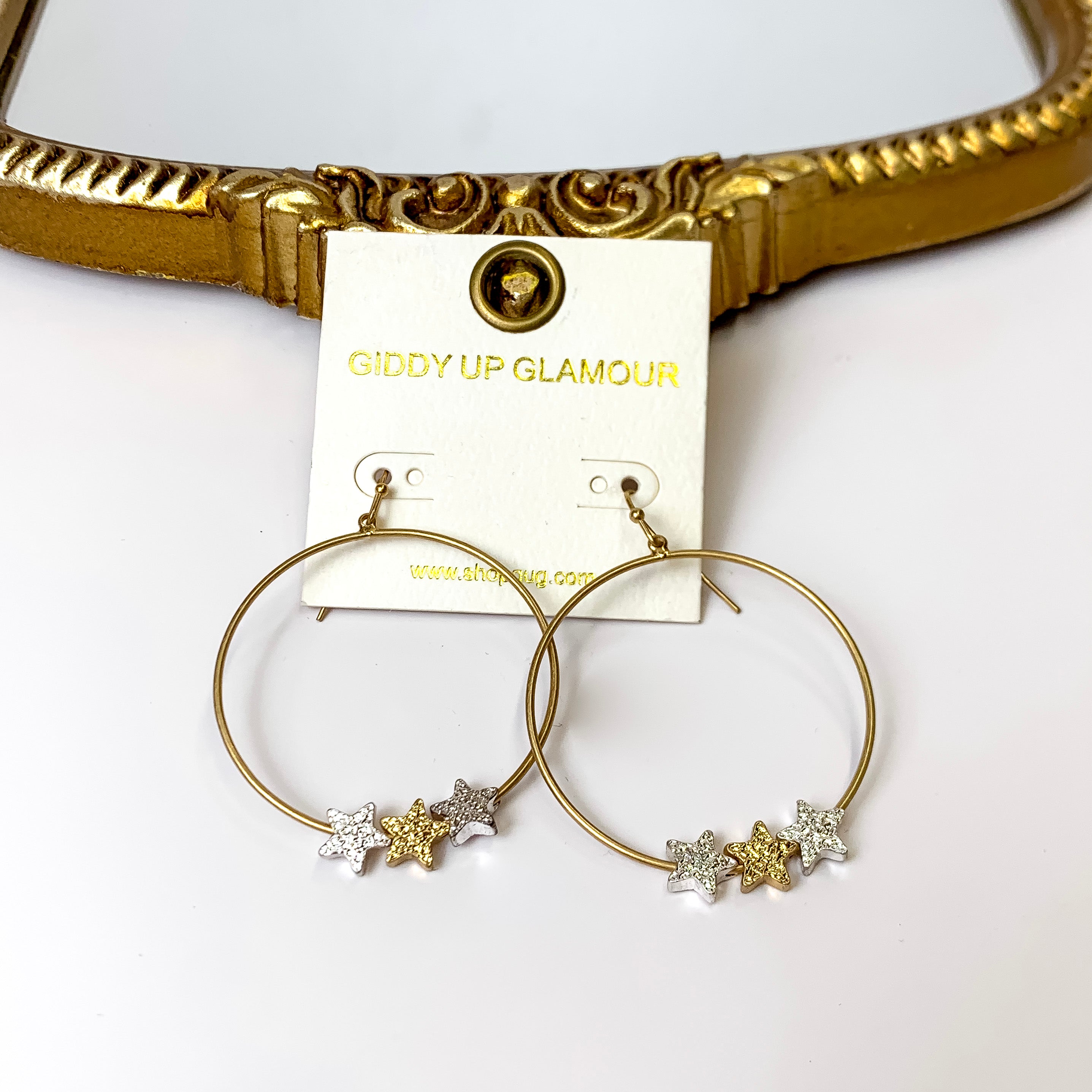 Keeper of The Stars Circle Drop Earrings in Gold With Silver Stars - Giddy Up Glamour Boutique