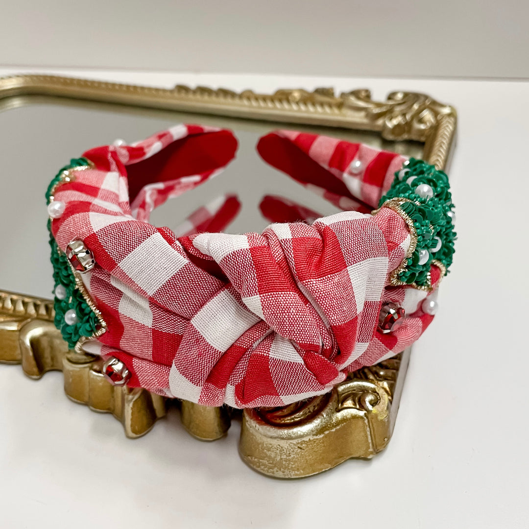 Gingham Headband with Beaded Christmas Trees in Red