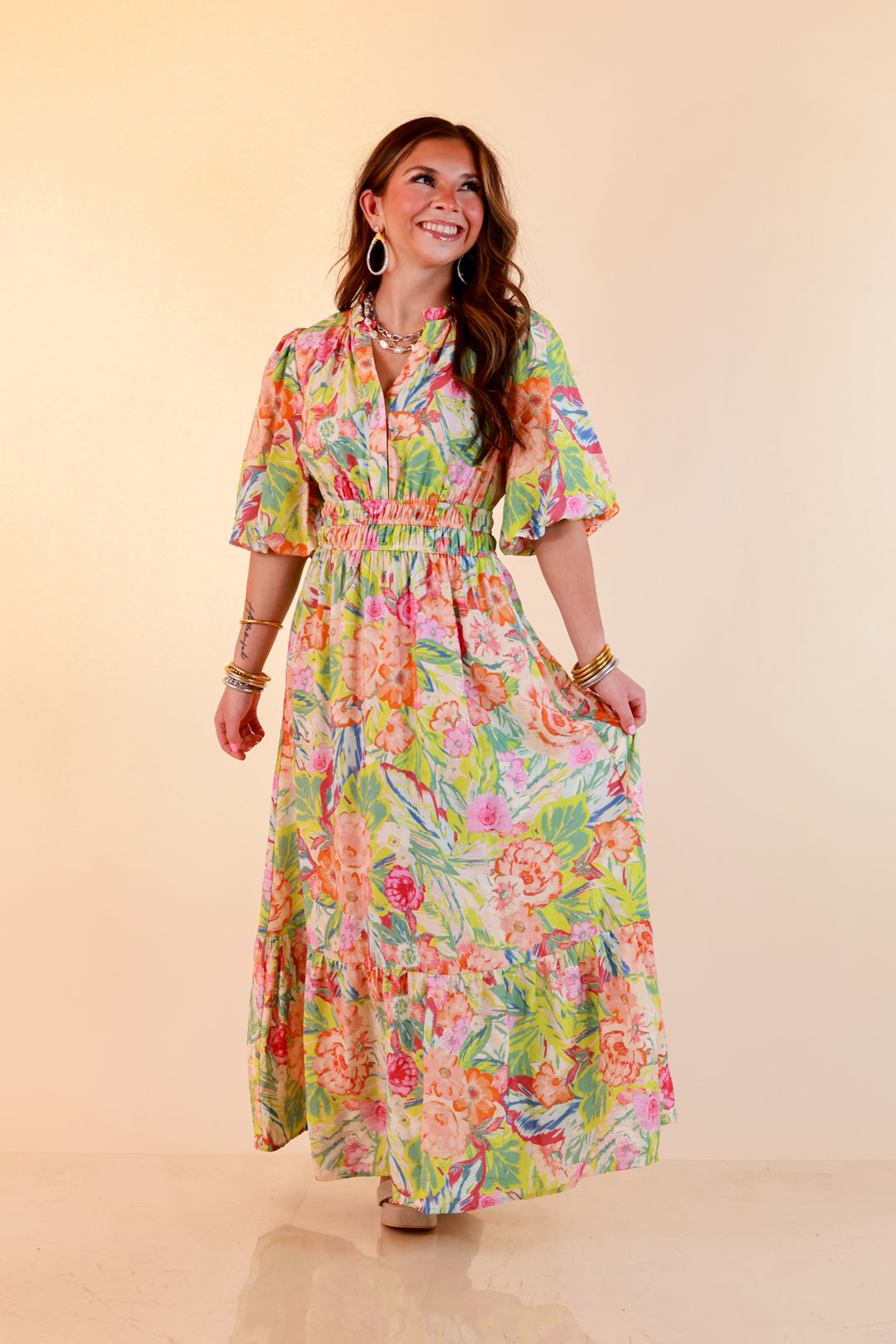 Reserved for Brunch Puff Sleeve Smocked Waist Floral Midi Dress in Gre Giddy Up Glamour Boutique Reserved for Brunch Puff Sleeve Smocked Waist Floral Midi Dress in Gre Giddy Up Glamour Boutique