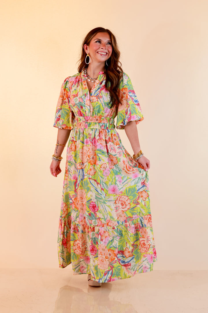 Reserved for Brunch Puff Sleeve Smocked Waist Floral Maxi Dress in Green Multi