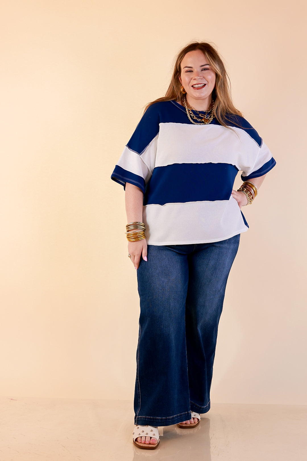 Simply Striking Color Block Rugby Style Wide Stripe Relaxed Short Sleeve Top in Navy Blue