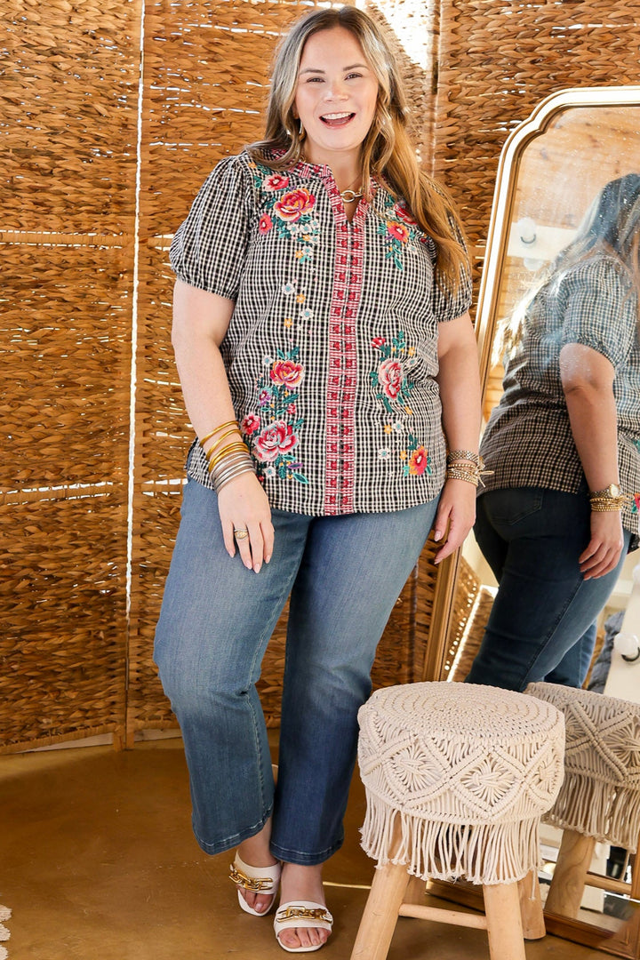 Picnic Perfect Plaid Notch Neck Top with Floral Embroidery in Black and White