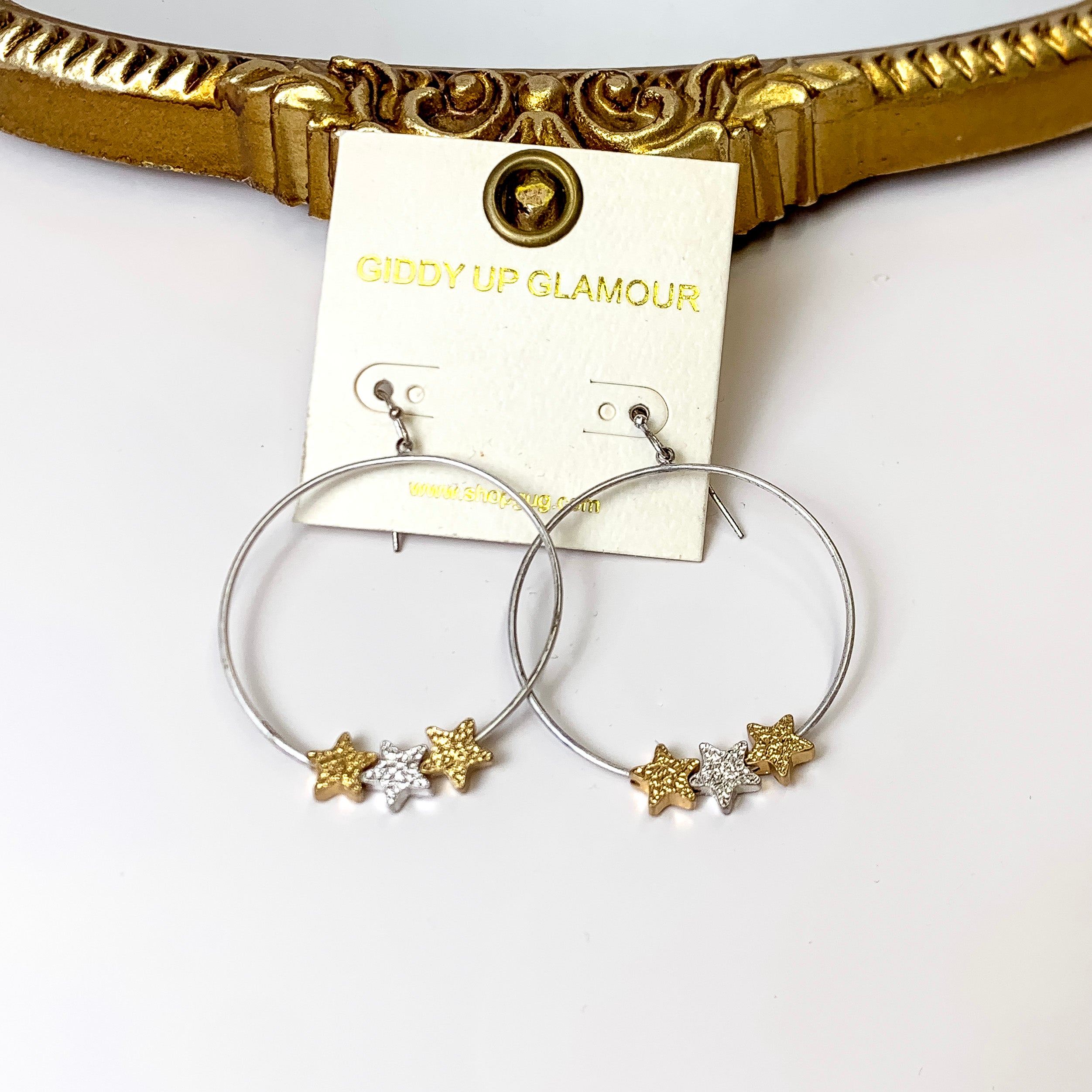 Keeper of The Stars Circle Drop Earrings in Silver With Gold Stars - Giddy Up Glamour Boutique