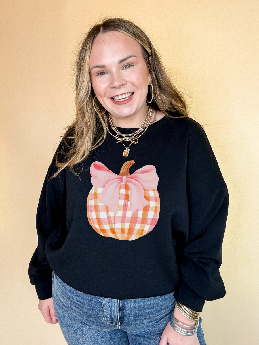 Online Exclusive | Charming Orange and White Plaid Pumpkin with Pink Bow Graphic Sweatshirt in Multiple Color Options