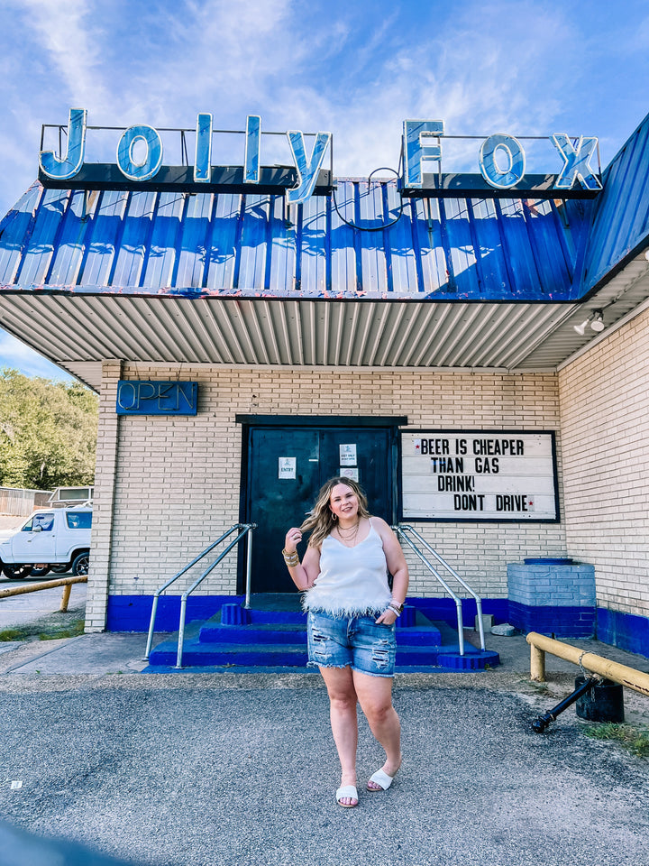 Out All Night Spaghetti Strap Top with Feather Hem in White - Giddy Up Glamour Boutique