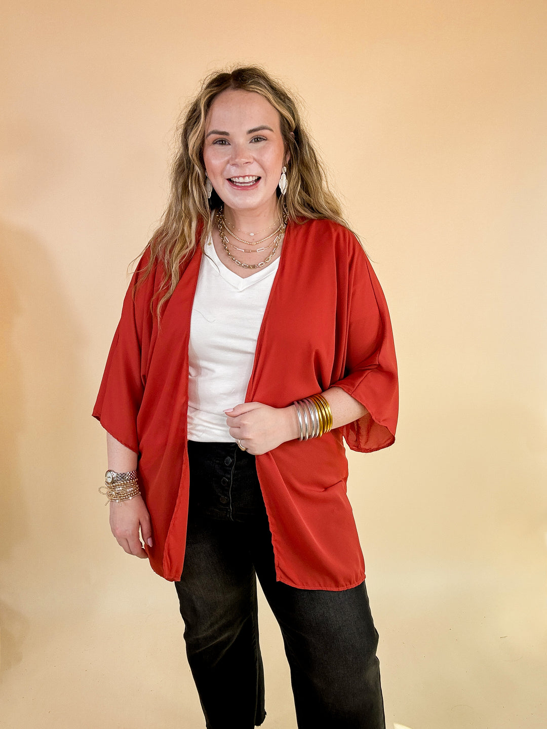 Like a Melody Solid Sheer Kimono in Rust Red