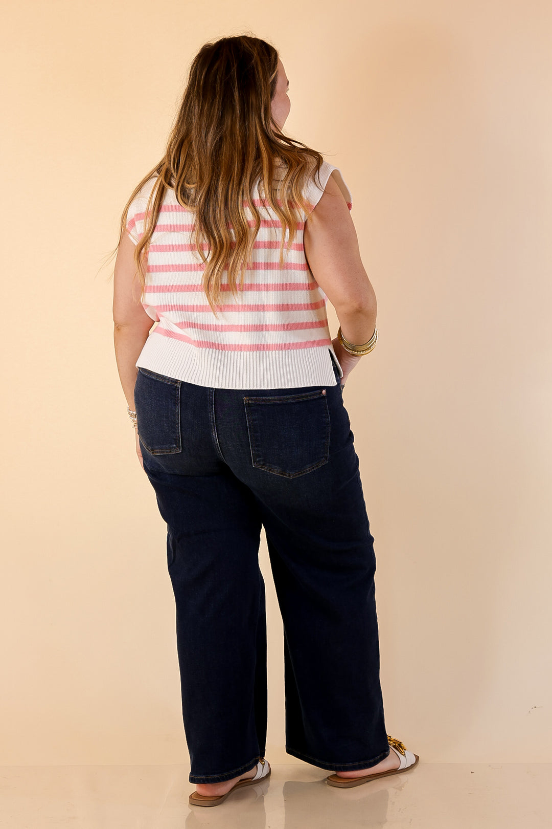 Stripe Things Up Drop Shoulder Knit Sweater in White with Pink Stripes