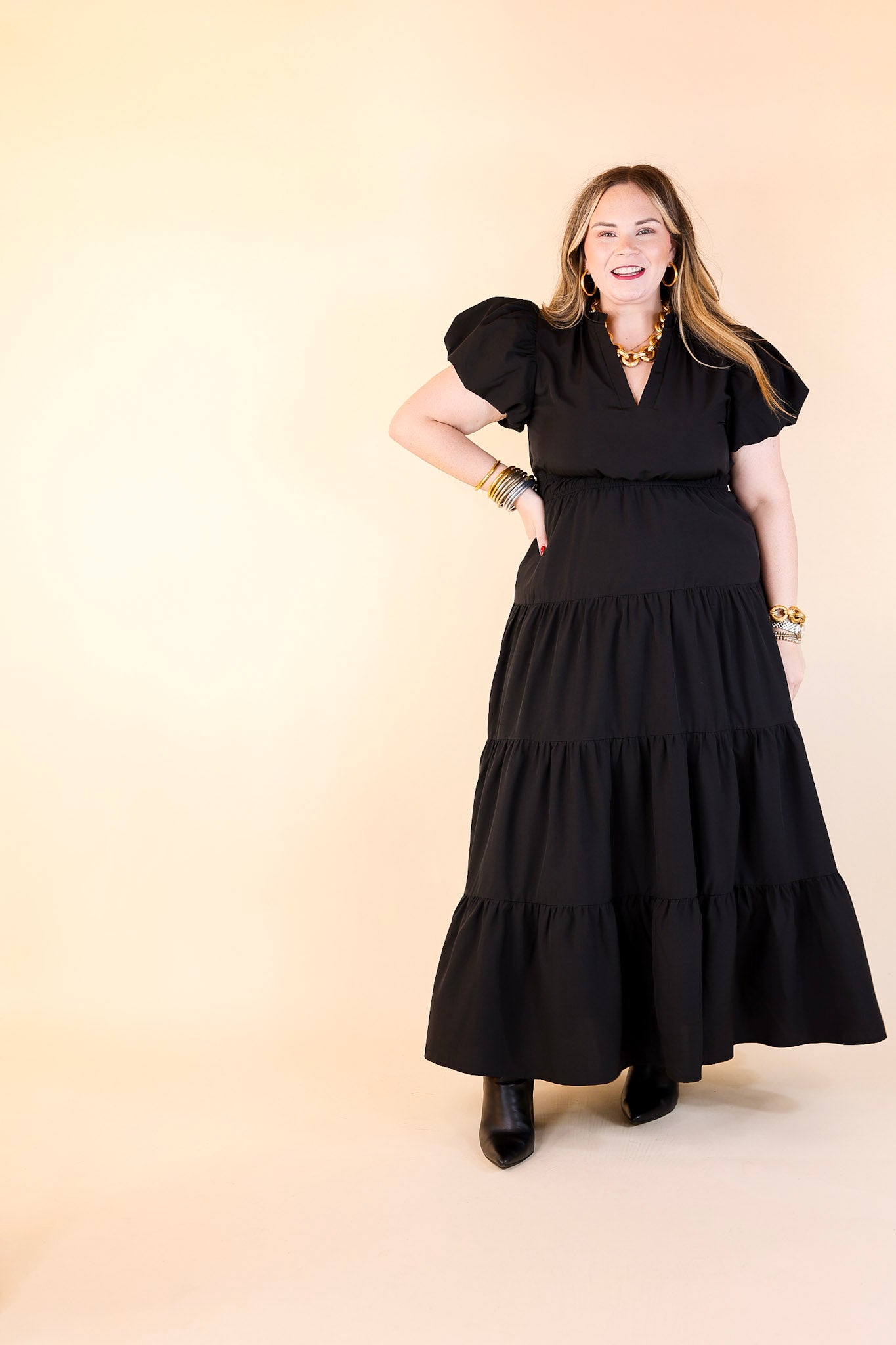 Table for Two Tiered Maxi Dress with Puff Sleeves in Black