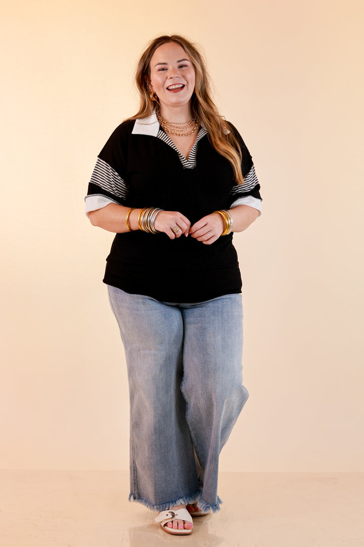 Chic by Design Ribbed Collared Top with Contrast Stripe Short Sleeves in Black