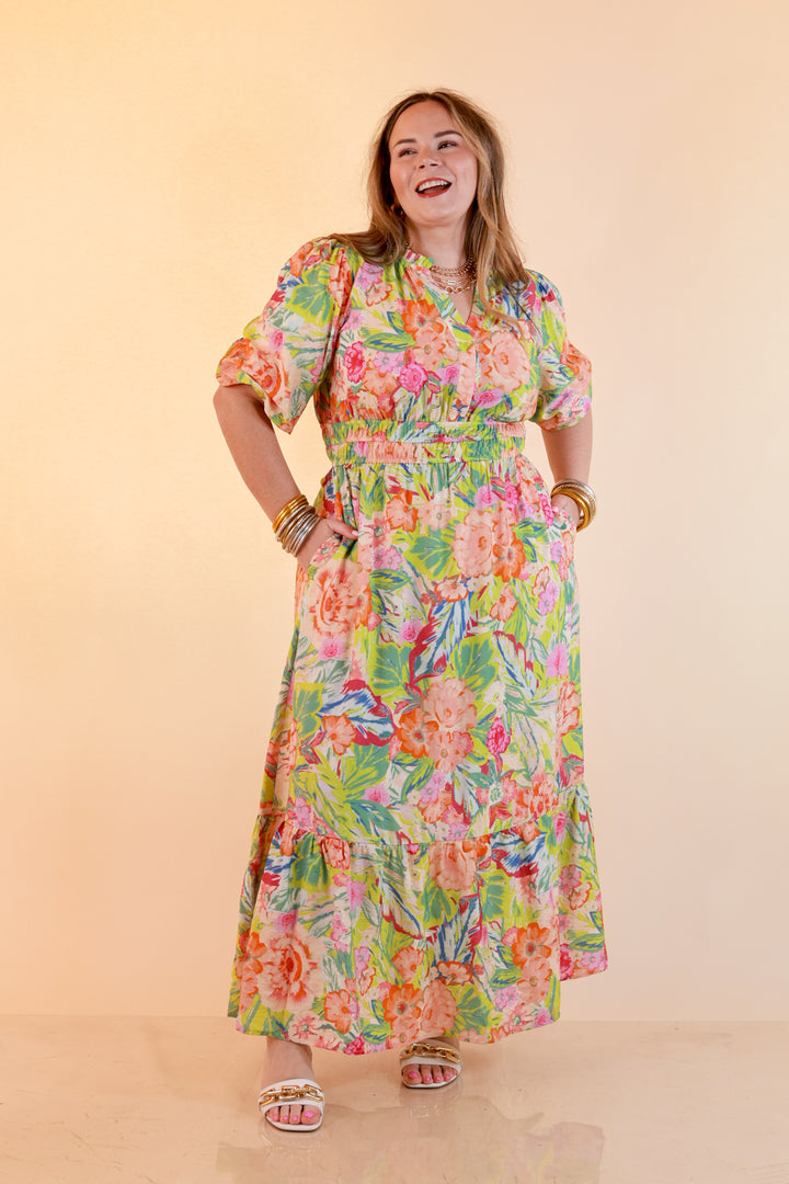 Reserved for Brunch Puff Sleeve Smocked Waist Floral Maxi Dress in Green Multi