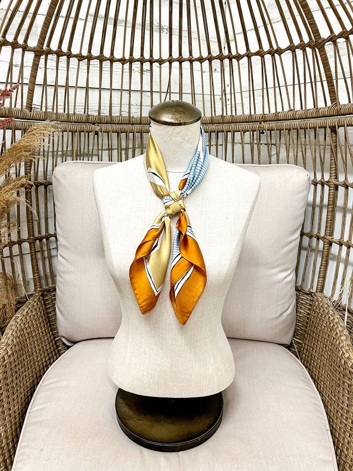 Rodeo Run Western Horse and Leopard Print Silk Feel Square Scarf in Blue