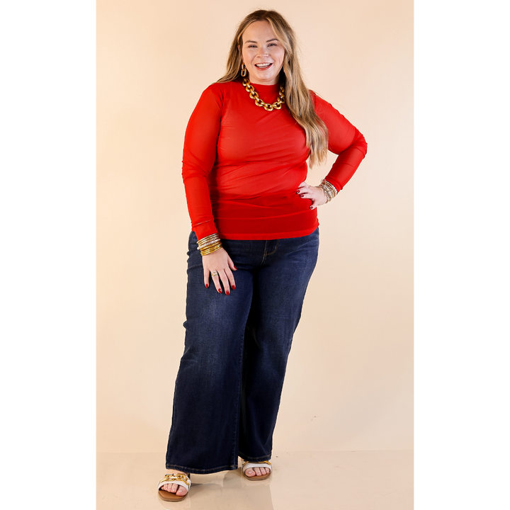 Sheer Confidence Solid Mesh Long Sleeve Top in Red