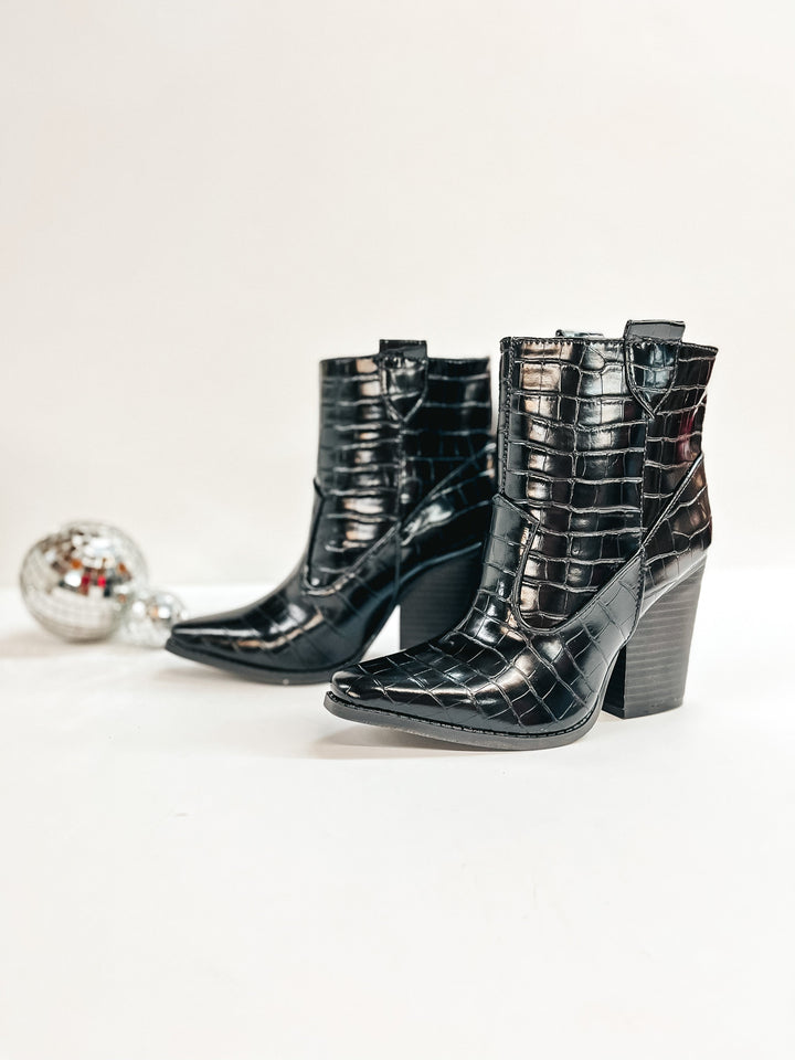 Broadway Strut Crocodile Print Heeled Ankle Booties in Black - Giddy Up Glamour Boutique