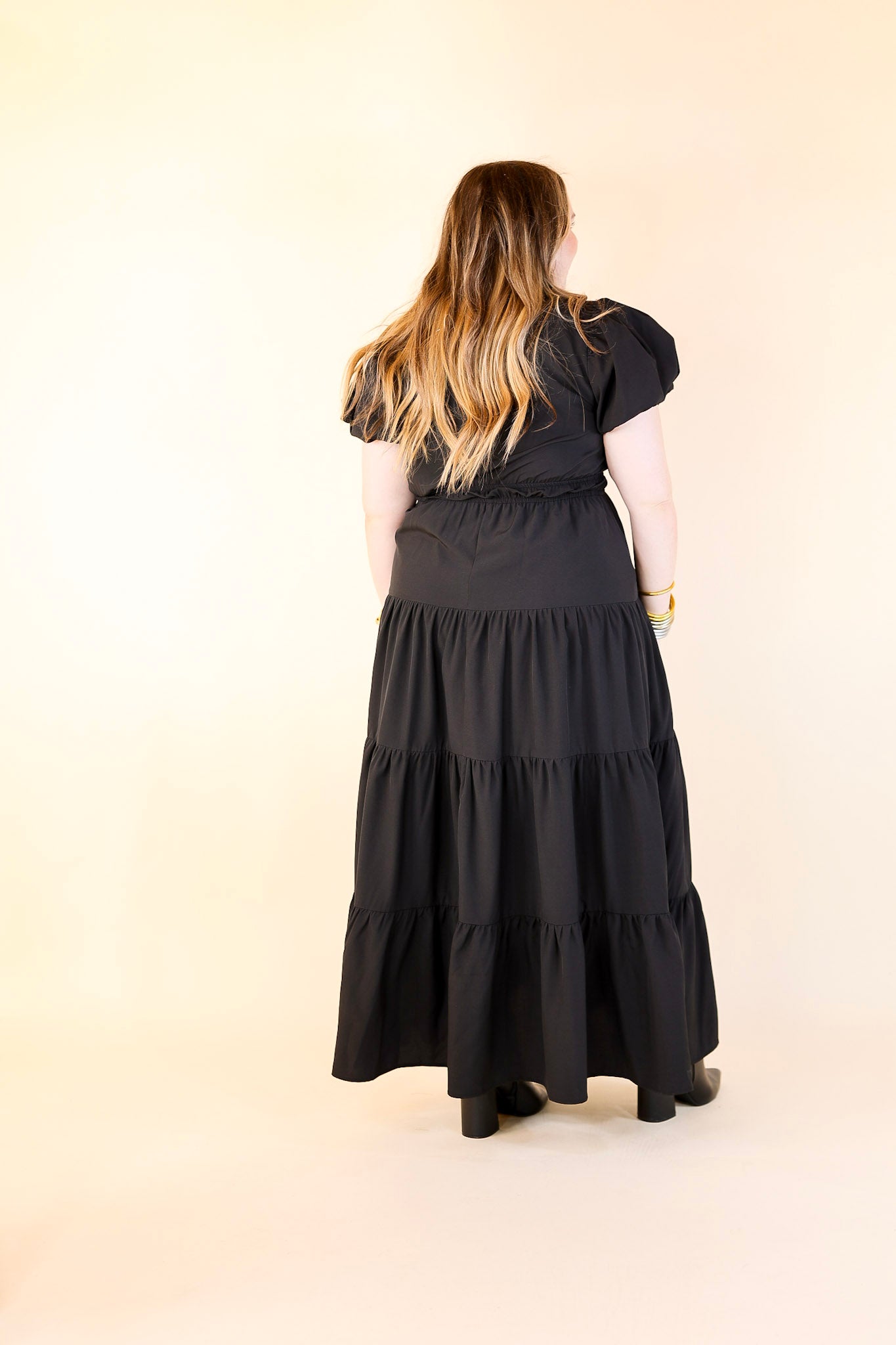 Table for Two Tiered Maxi Dress with Puff Sleeves in Black